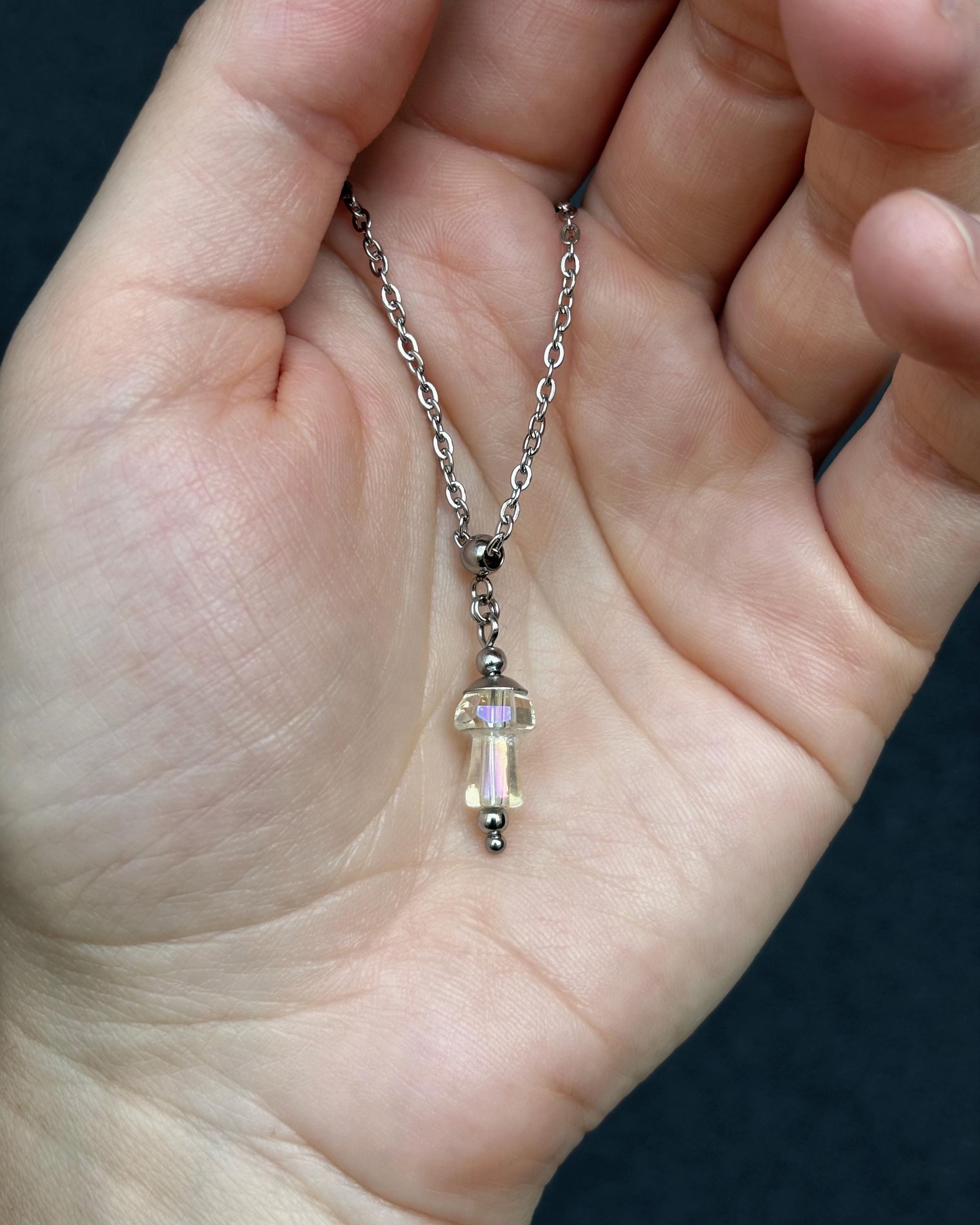 Mushroom Pendant Necklace. Surgical Stainless Steel and Glass Mushroom. Psychedelic Jewelry — Festival Outfit — handmade Necklace by TVOR Jewelry — photo 5 of 8