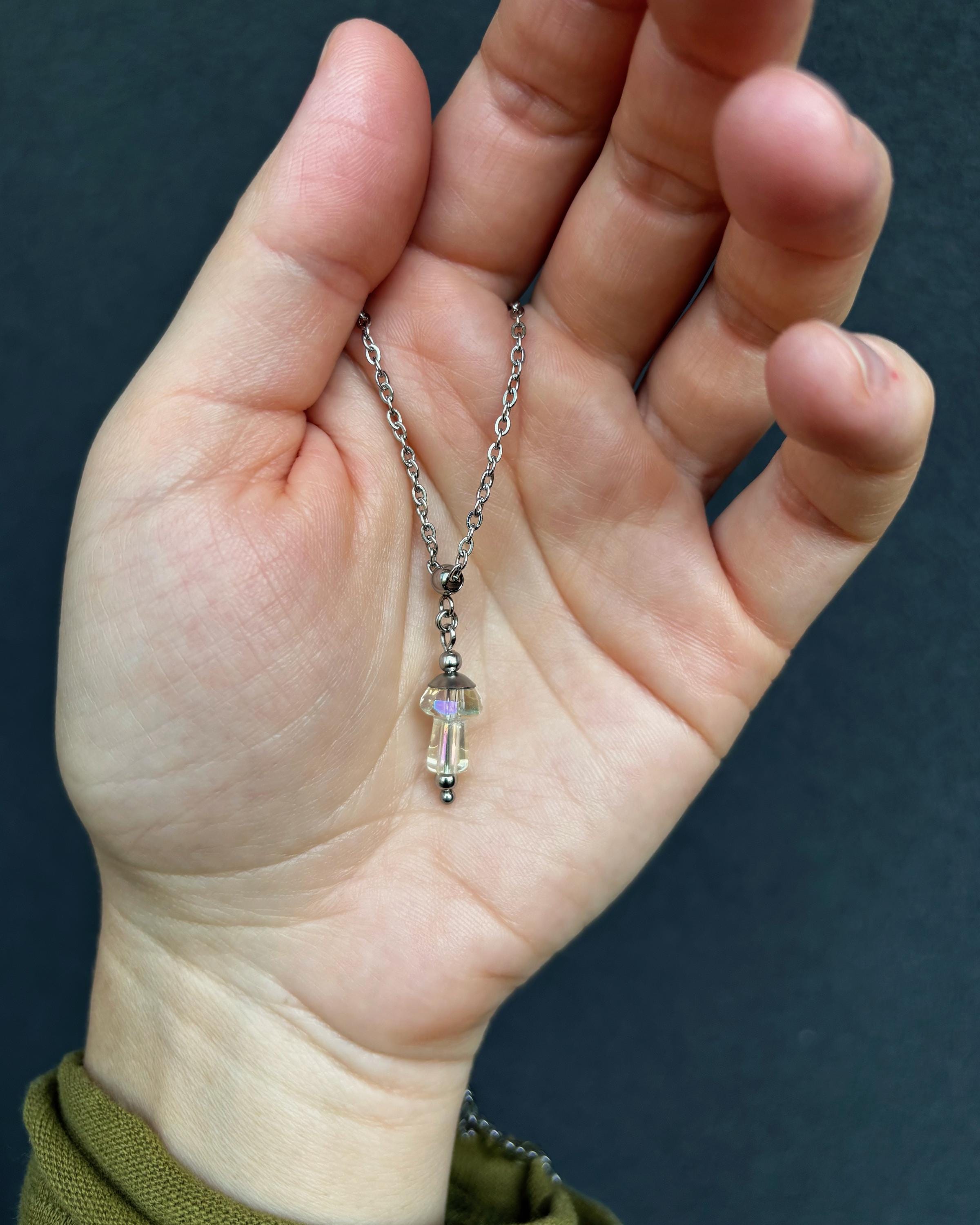 Mushroom Pendant Necklace. Surgical Stainless Steel and Glass Mushroom. Psychedelic Jewelry — Festival Outfit — handmade Necklace by TVOR Jewelry — photo 6 of 8