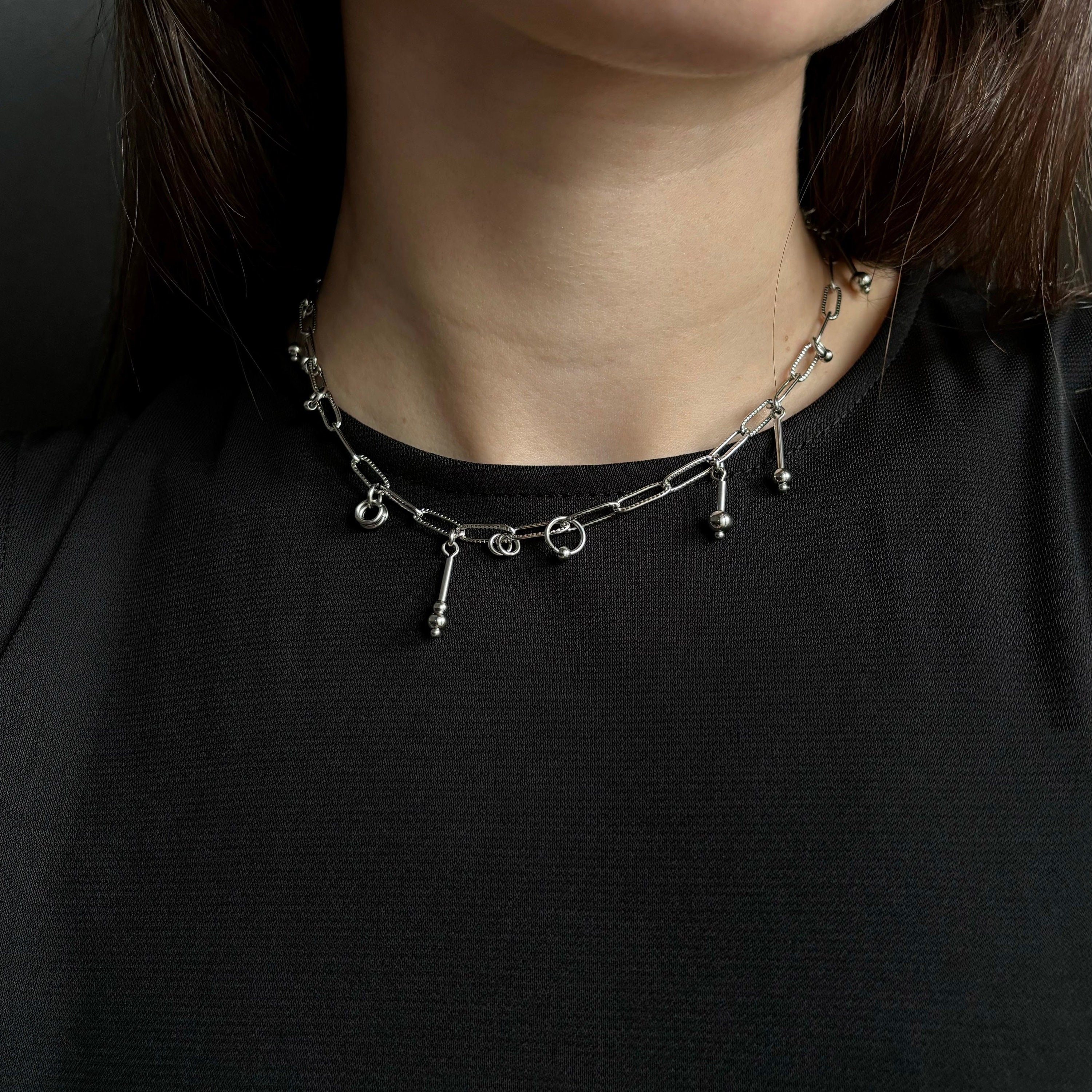 Paperclip Necklace with Dangling Charms. Asymmetrical Choker. Unisex Unique Jewelry – Everyday Grunge Necklace — handmade Necklace by TVOR Jewelry — photo 3 of 6