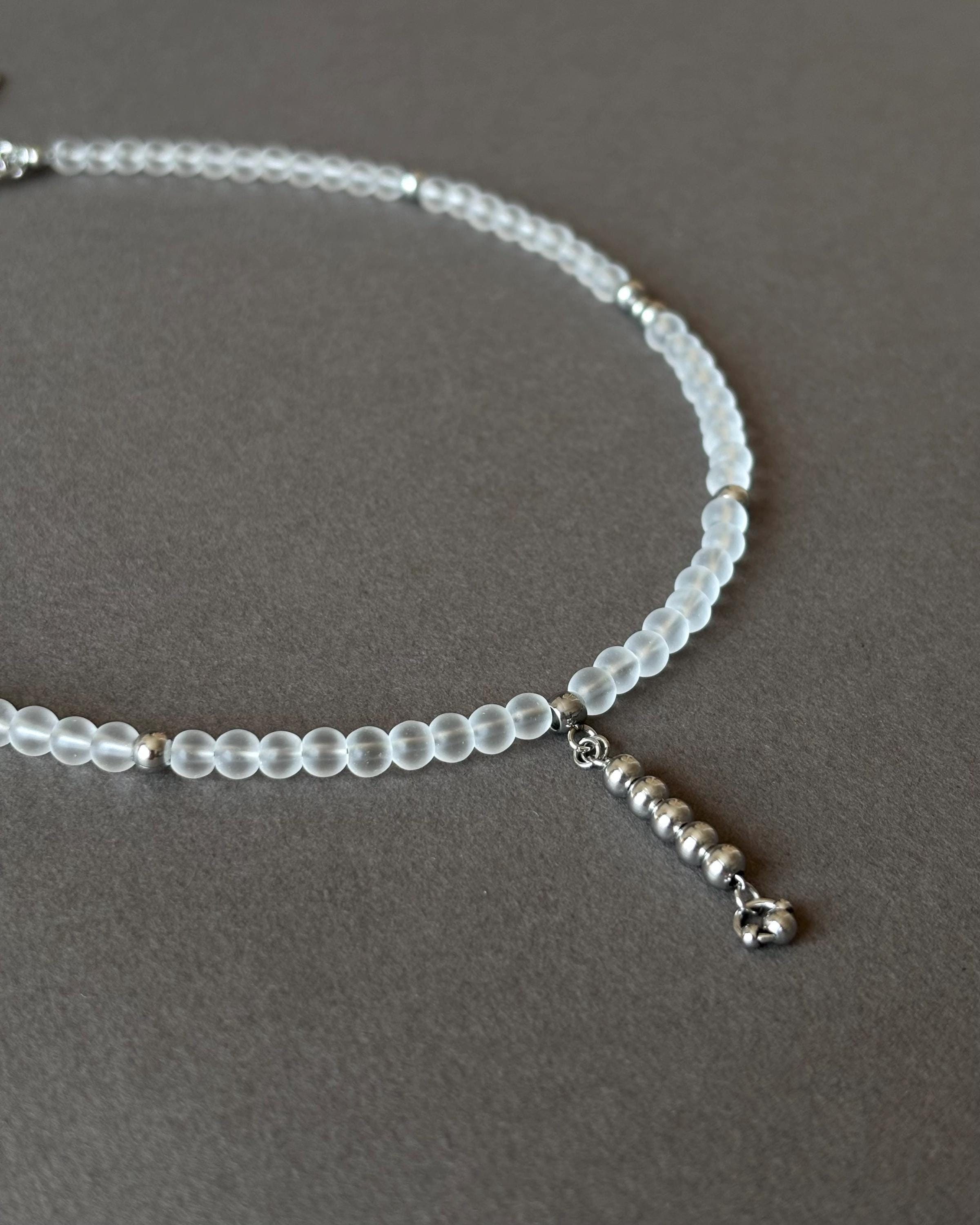 White Necklace with Silver Stick Pendant. Frosted Glass Beads and Stainless Steel Vertical Bar Pendant. Unique Jewelry — Everyday Necklace — handmade Necklace by TVOR Jewelry — photo 2 of 6