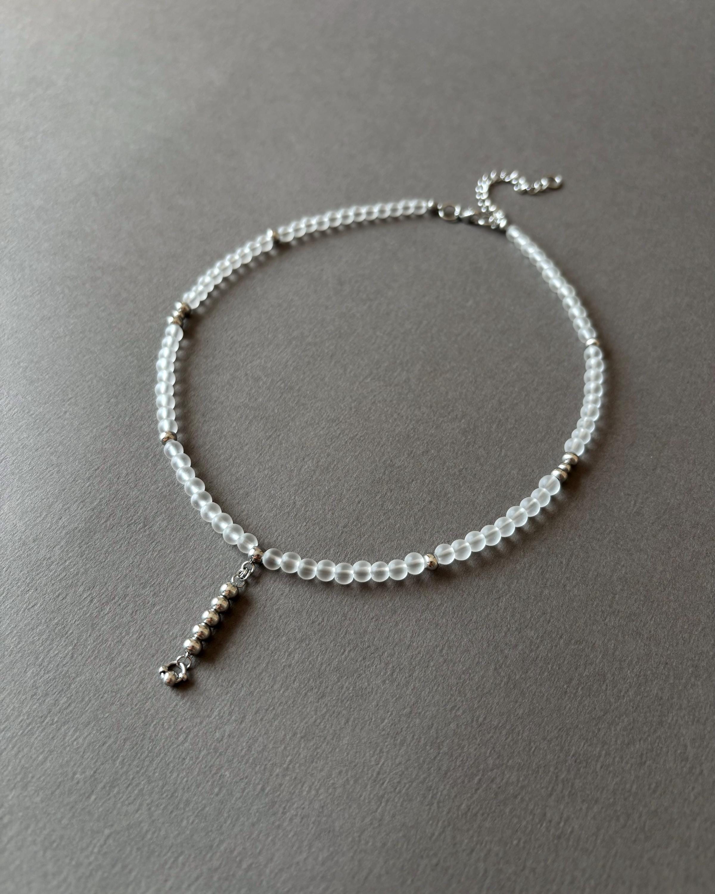 White Necklace with Silver Stick Pendant. Frosted Glass Beads and Stainless Steel Vertical Bar Pendant. Unique Jewelry — Everyday Necklace — handmade Necklace by TVOR Jewelry — photo 3 of 6