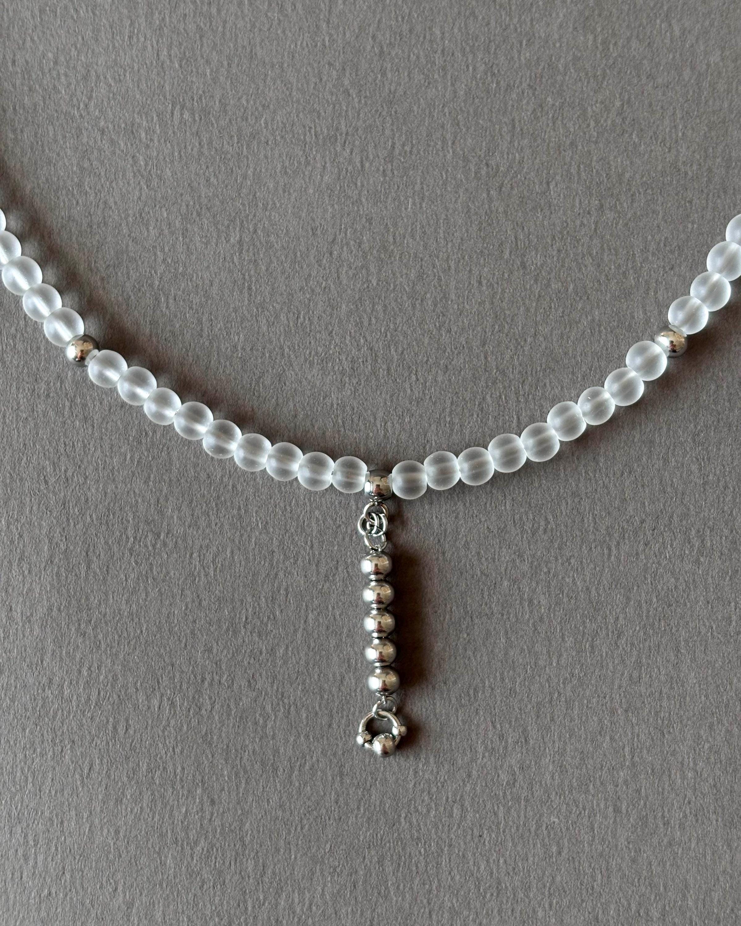 White Necklace with Silver Stick Pendant. Frosted Glass Beads and Stainless Steel Vertical Bar Pendant. Unique Jewelry — Everyday Necklace — handmade Necklace by TVOR Jewelry — photo 4 of 6