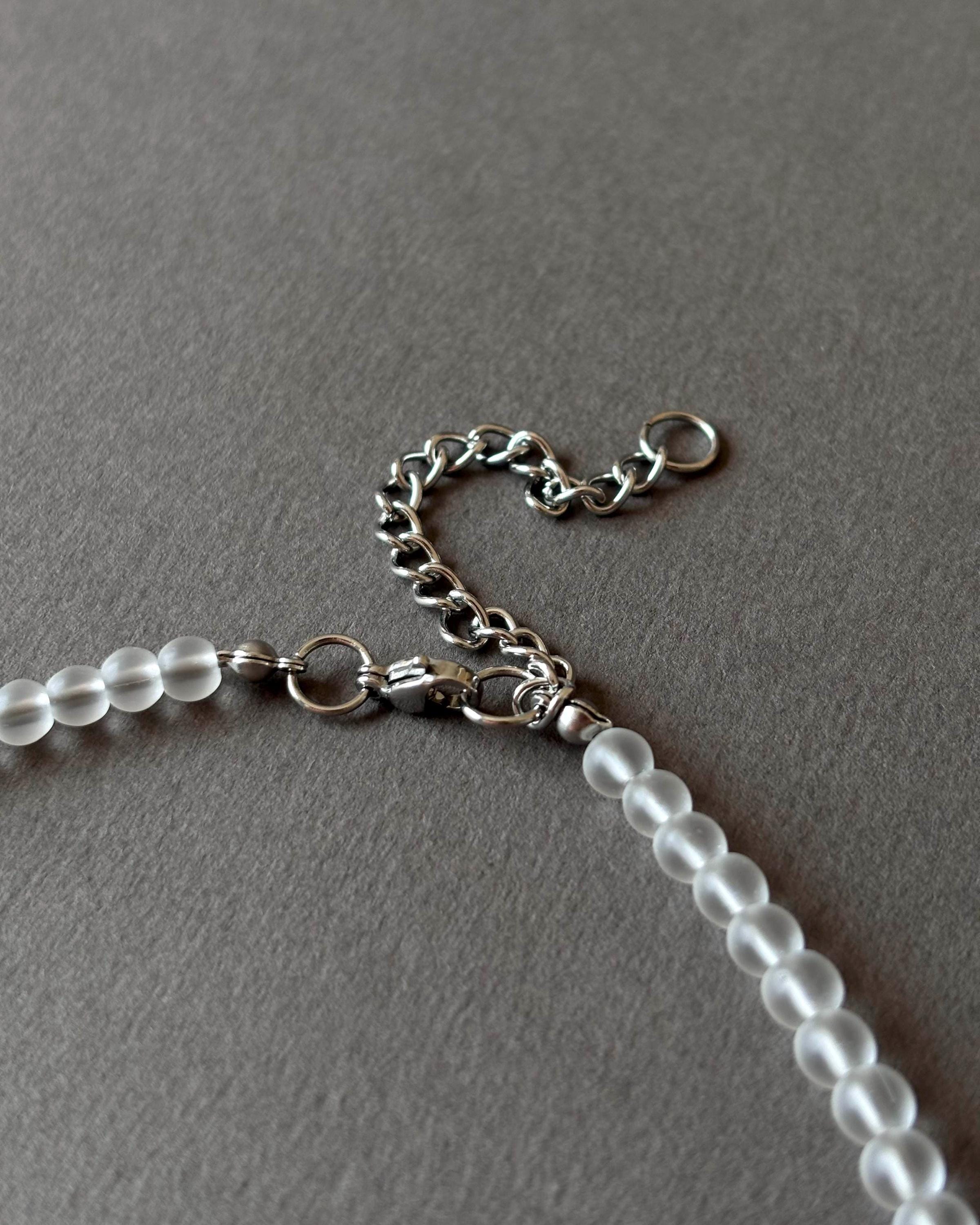 White Necklace with Silver Stick Pendant. Frosted Glass Beads and Stainless Steel Vertical Bar Pendant. Unique Jewelry — Everyday Necklace — handmade Necklace by TVOR Jewelry — photo 5 of 6