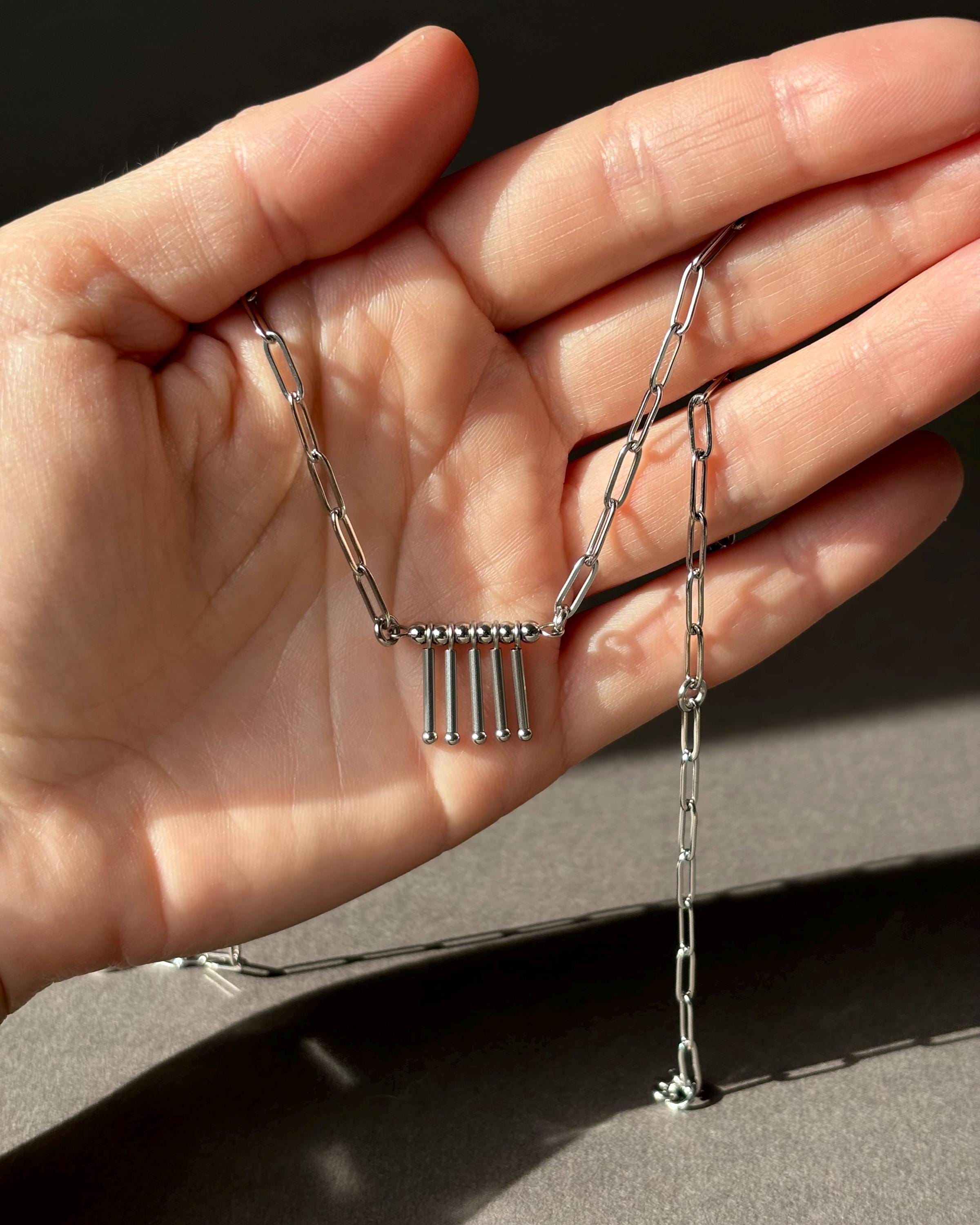 Paperclip Necklace with Tubes Pendant. Silver Necklace Made of Stainless Steel. Paperclip Chain and Unique Pendant — Everyday Necklace — handmade Necklace by TVOR Jewelry — photo 3 of 8
