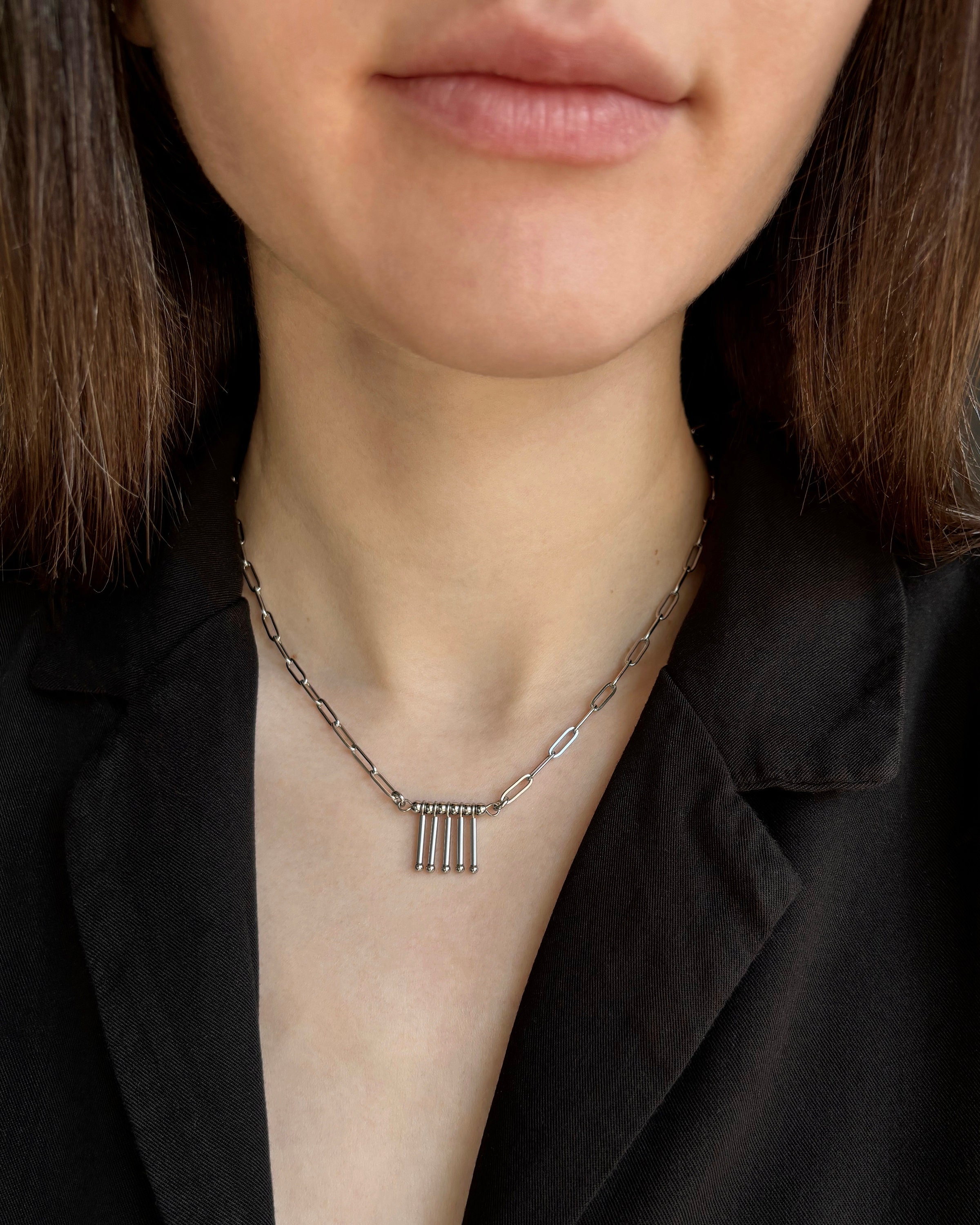 Paperclip Necklace with Tubes Pendant. Silver Necklace Made of Stainless Steel. Paperclip Chain and Unique Pendant — Everyday Necklace — handmade Necklace by TVOR Jewelry — photo 7 of 8