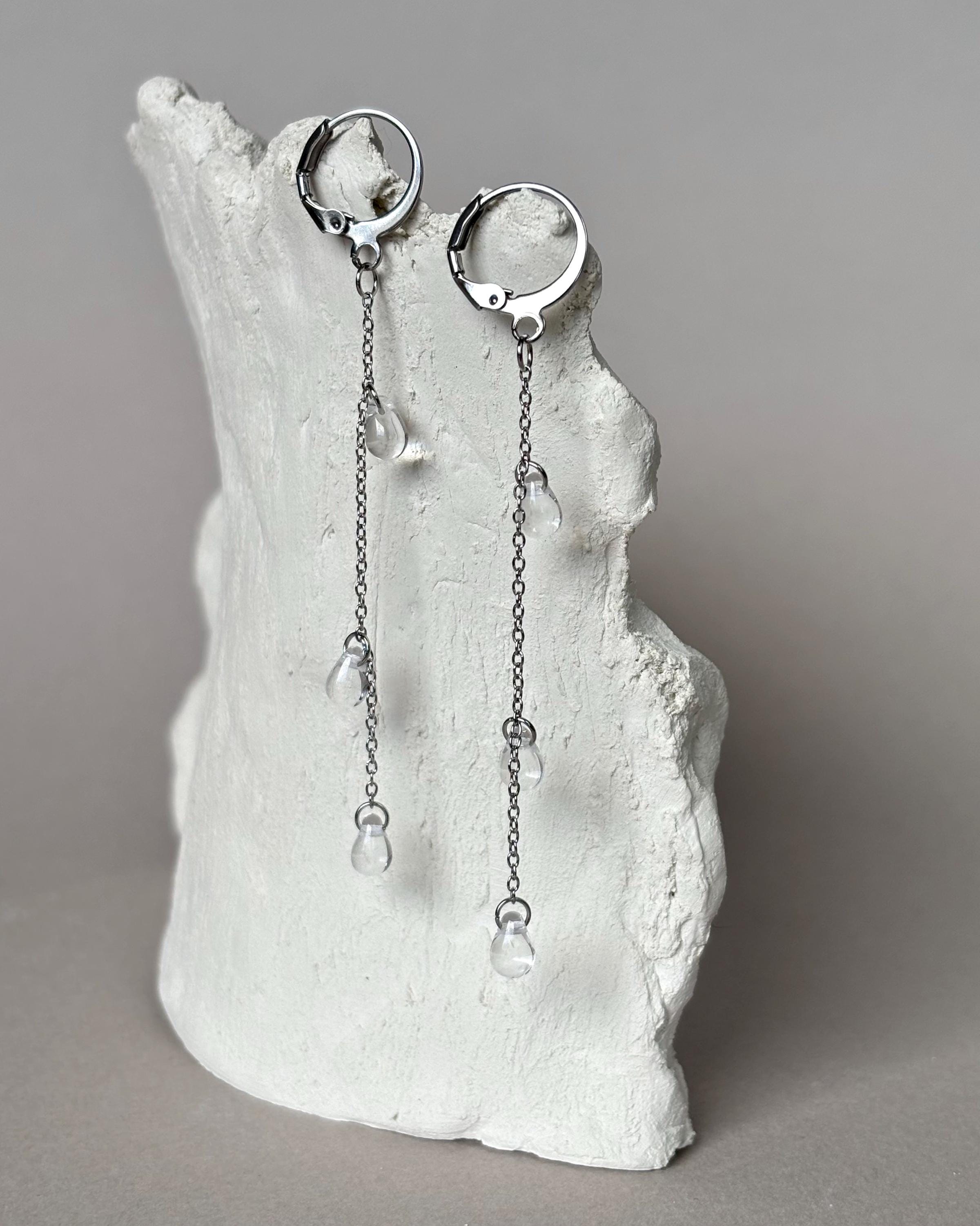 Drop Earrings with Teardrops. Glass Beads and Stainless Steel. Teardrops and Chain Earrings. Delicate Jewelry — handmade Earrings by TVOR Jewelry — photo 2 of 4