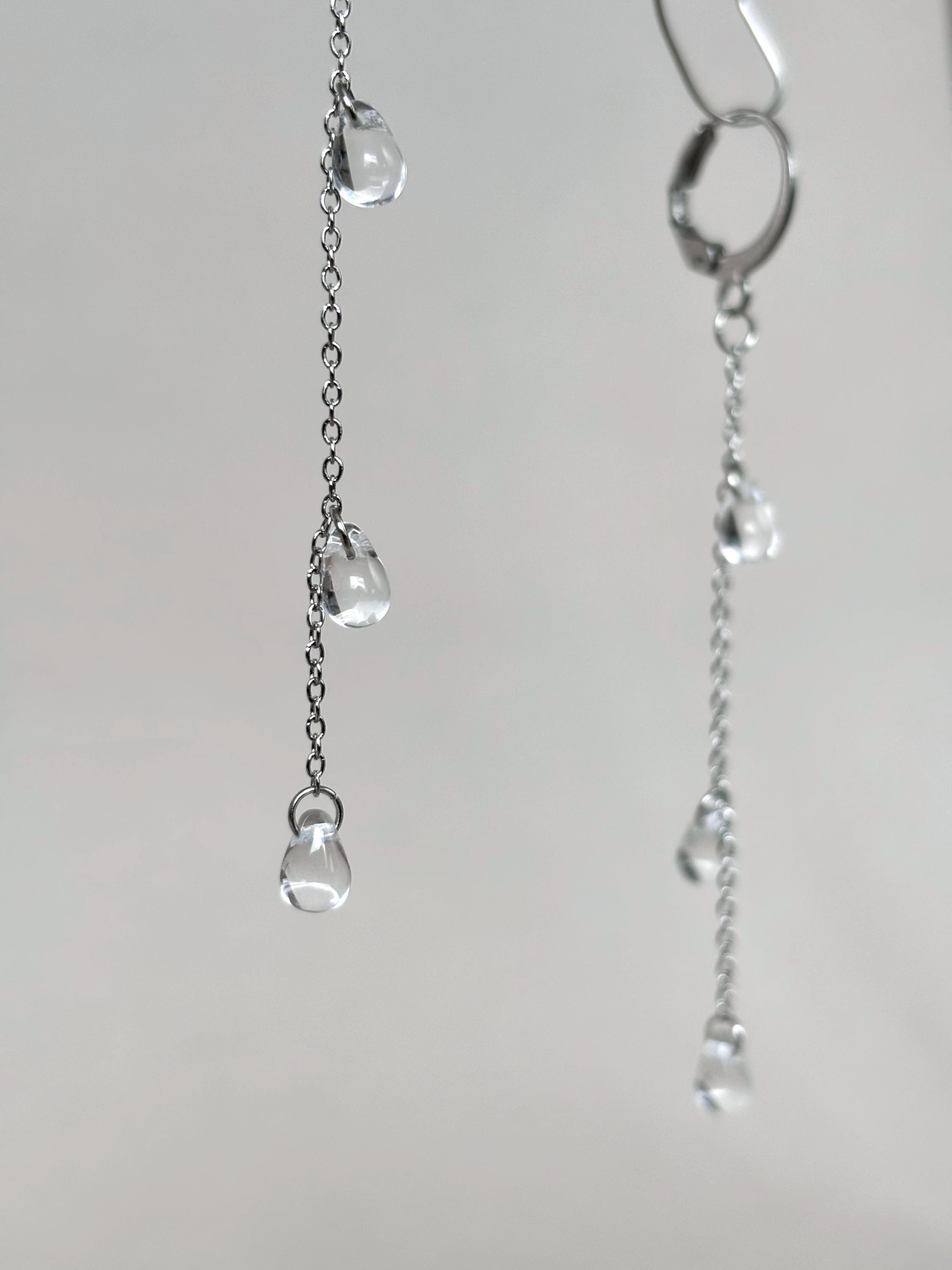 Drop Earrings with Teardrops. Glass Beads and Stainless Steel. Teardrops and Chain Earrings. Delicate Jewelry — handmade Earrings by TVOR Jewelry — photo 3 of 4