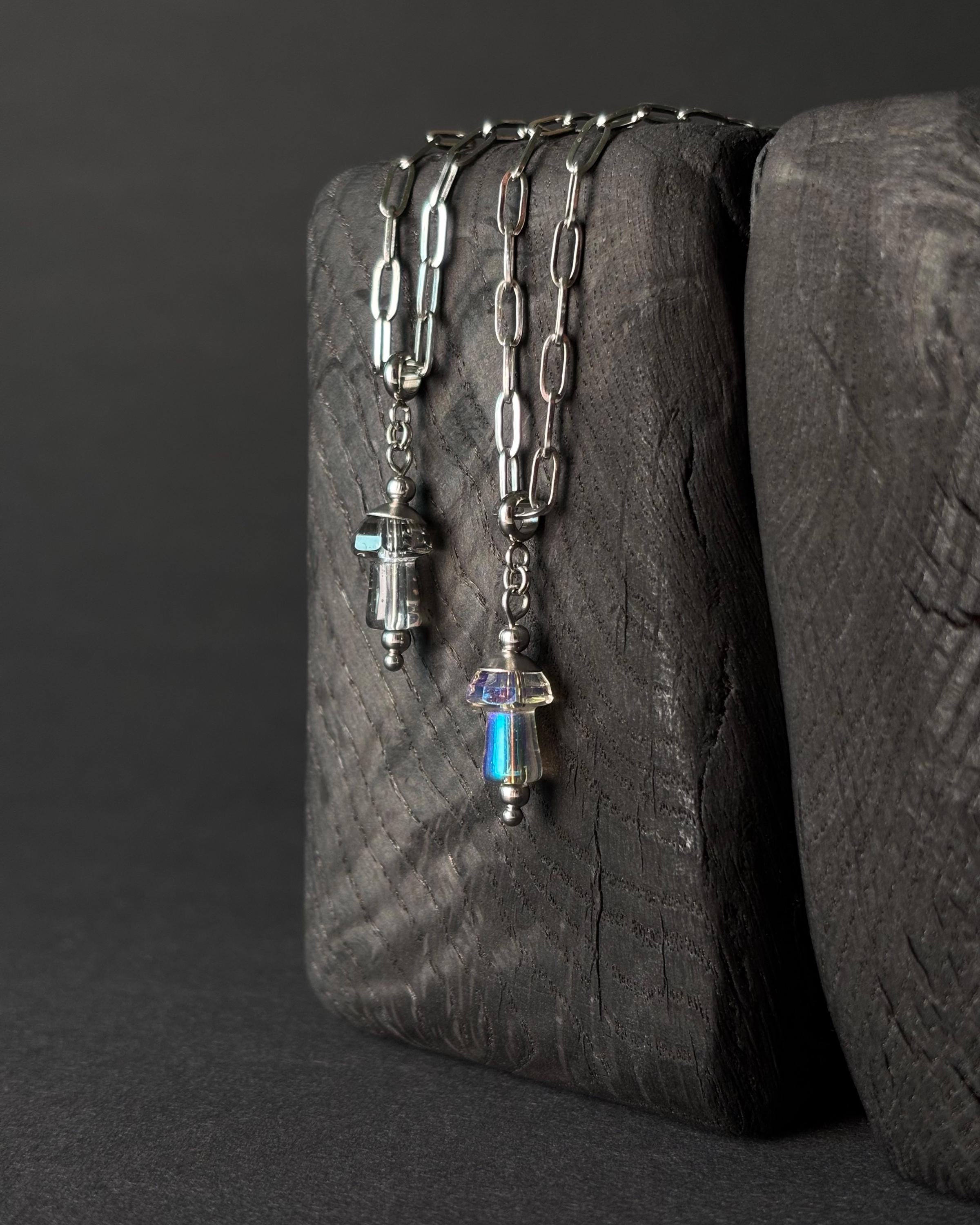 Long Necklace with Mushroom Pendant. Magic Mushroom Jewelry for Festival Outfit — Paperclip Necklace with Glass Mushroom in Different Colors — handmade Necklace by TVOR Jewelry — photo 4 of 10
