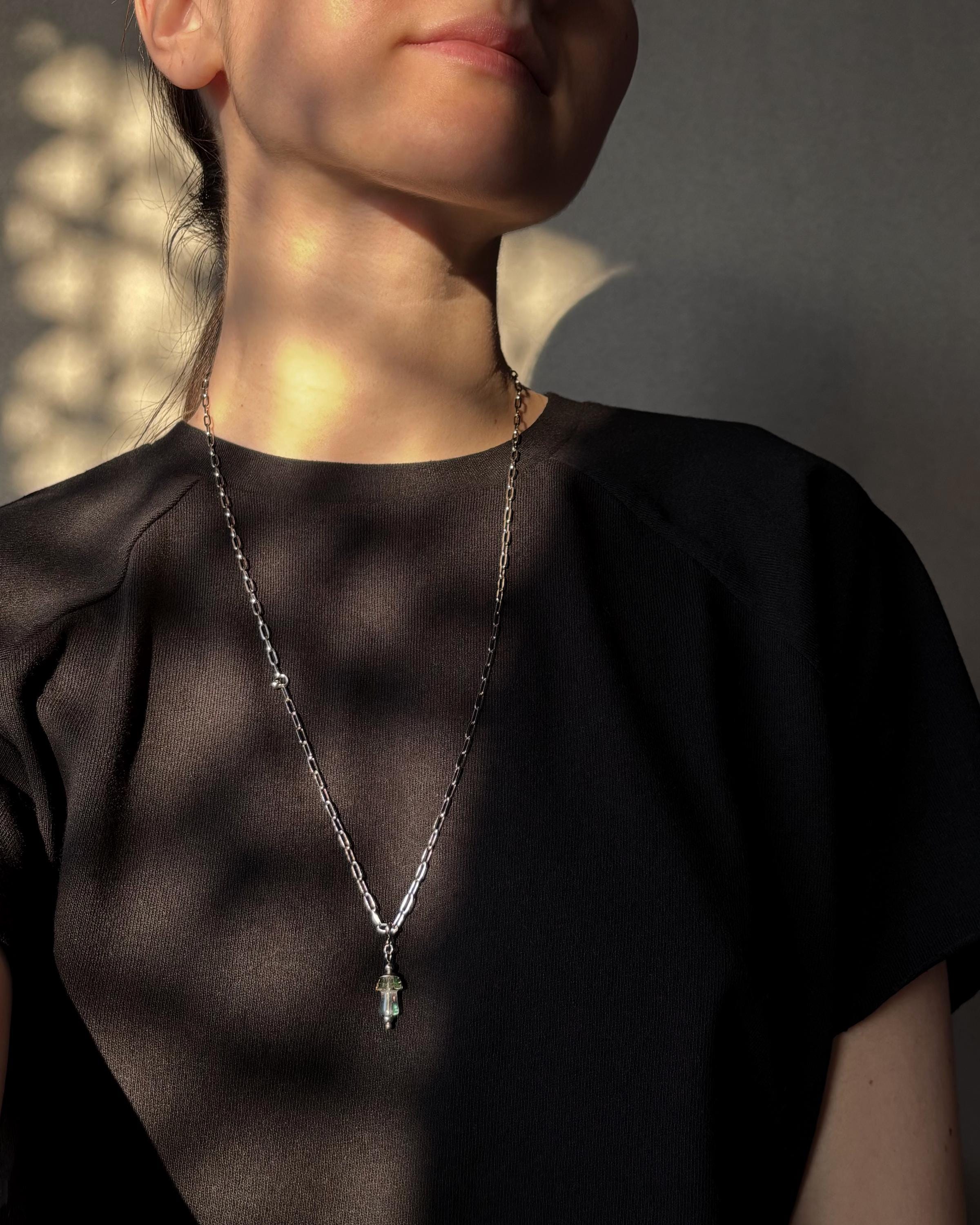 Long Necklace with Mushroom Pendant. Magic Mushroom Jewelry for Festival Outfit — Paperclip Necklace with Glass Mushroom in Different Colors — handmade Necklace by TVOR Jewelry — photo 5 of 10