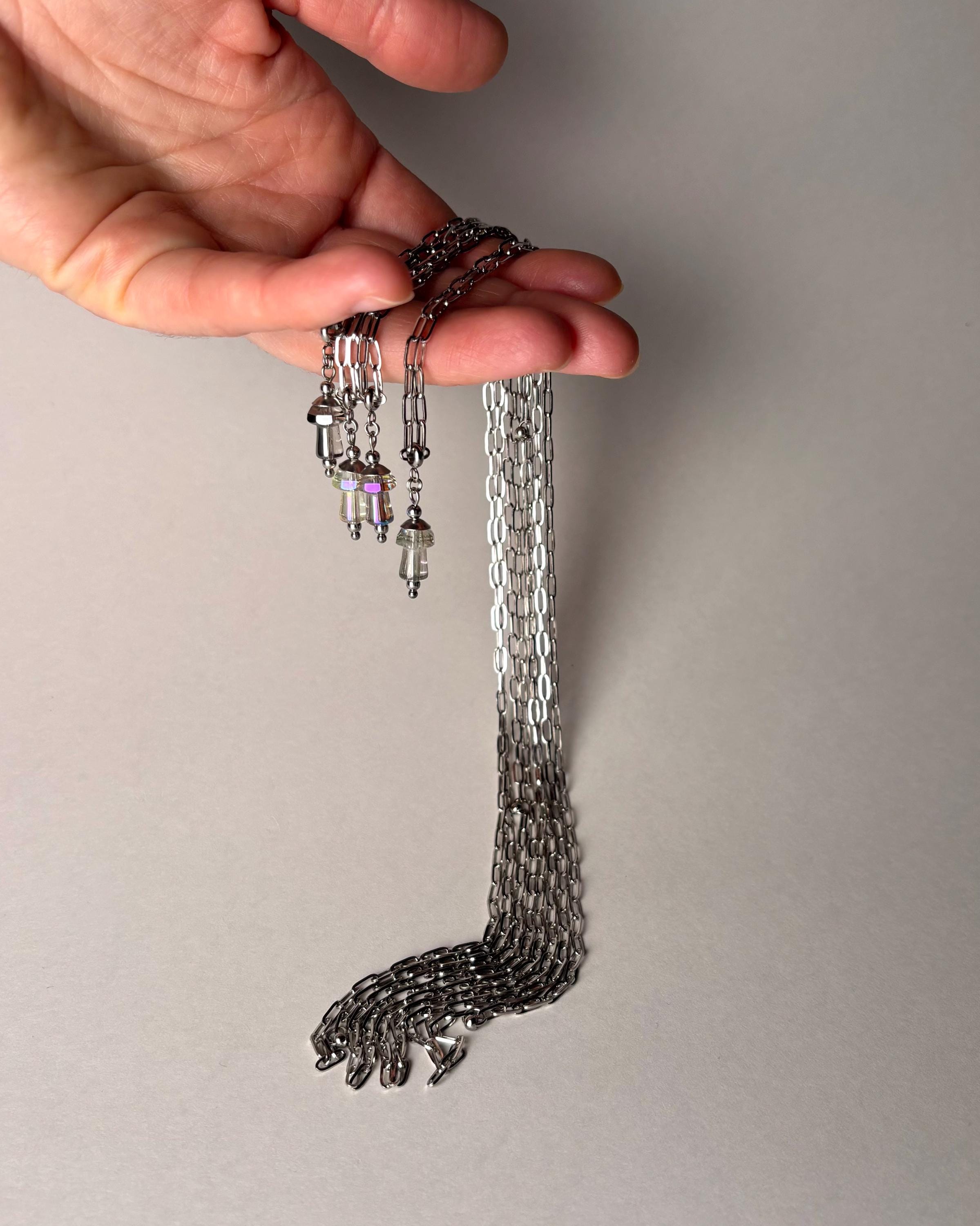 Long Necklace with Mushroom Pendant. Magic Mushroom Jewelry for Festival Outfit — Paperclip Necklace with Glass Mushroom in Different Colors — handmade Necklace by TVOR Jewelry — photo 6 of 10