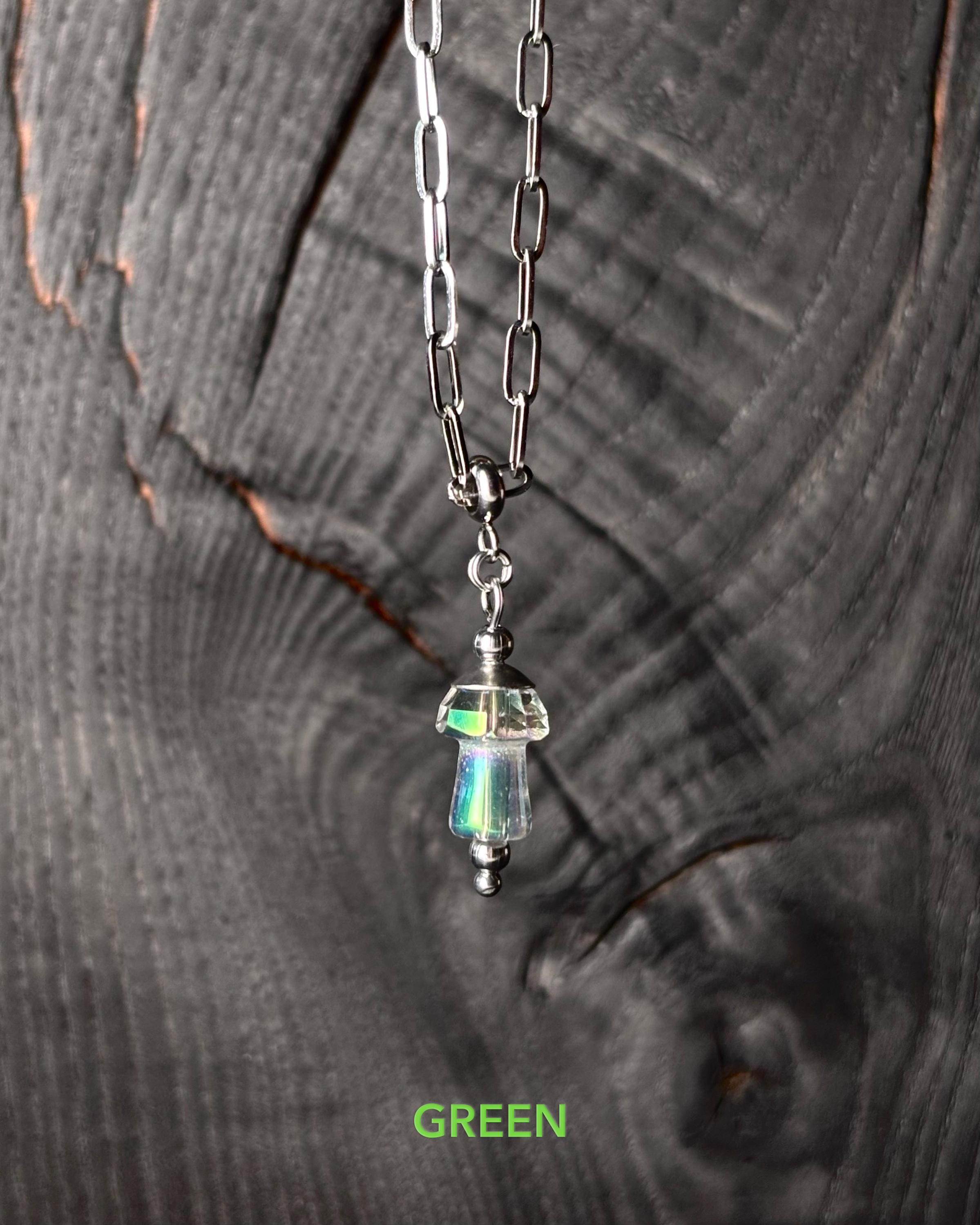 Long Necklace with Mushroom Pendant. Magic Mushroom Jewelry for Festival Outfit — Paperclip Necklace with Glass Mushroom in Different Colors — handmade Necklace by TVOR Jewelry — photo 9 of 10