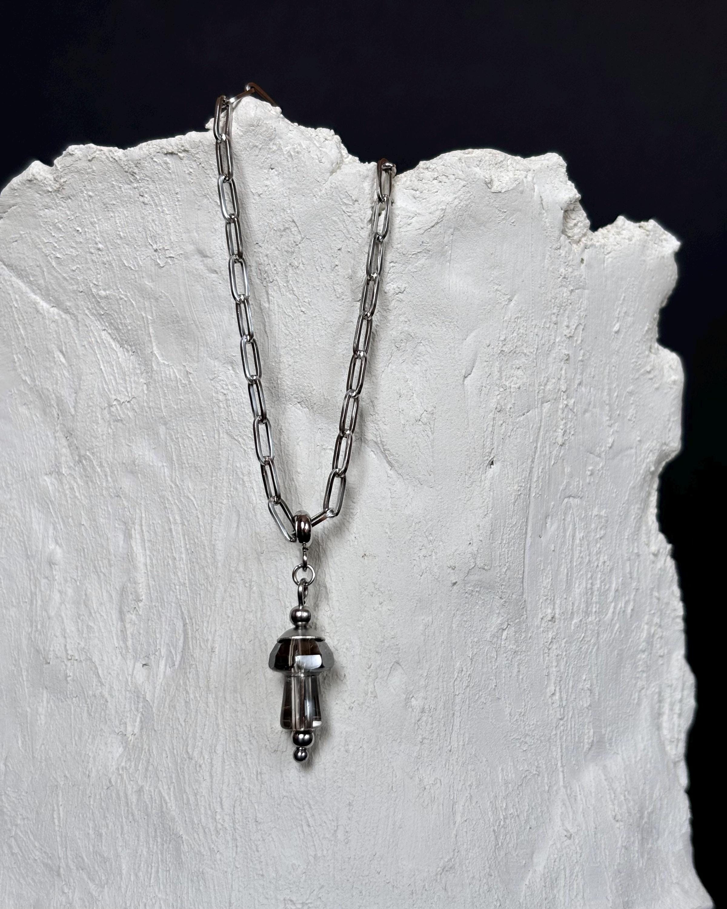Long Necklace with Mushroom Pendant. Paperclip Chain and Glass Smoky Lampwork Mushroom. Paperclip Necklace with Magic Mushroom — handmade Necklace by TVOR Jewelry — photo 2 of 4