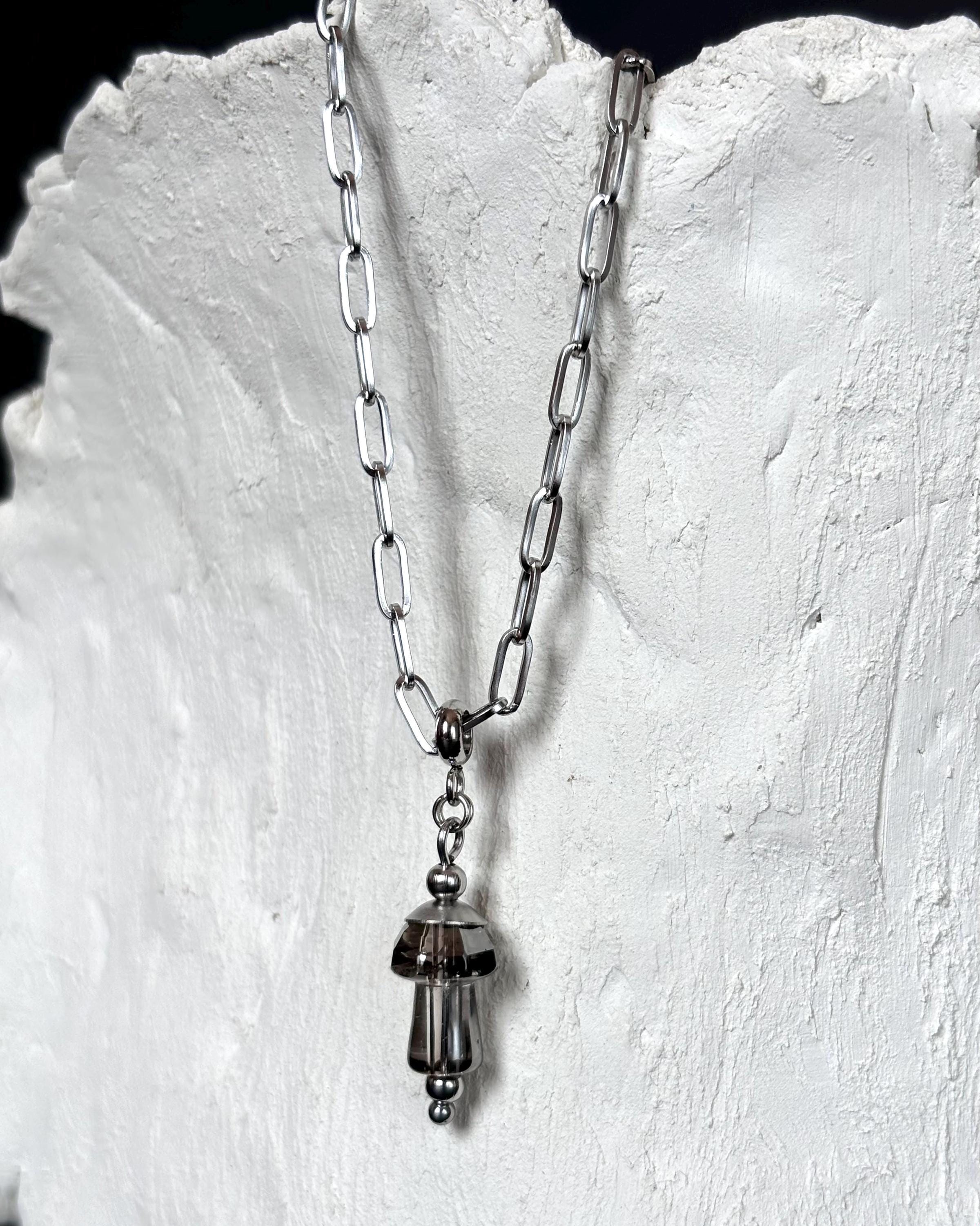 Long Necklace with Mushroom Pendant. Paperclip Chain and Glass Smoky Lampwork Mushroom. Paperclip Necklace with Magic Mushroom — handmade Necklace by TVOR Jewelry — photo 3 of 4