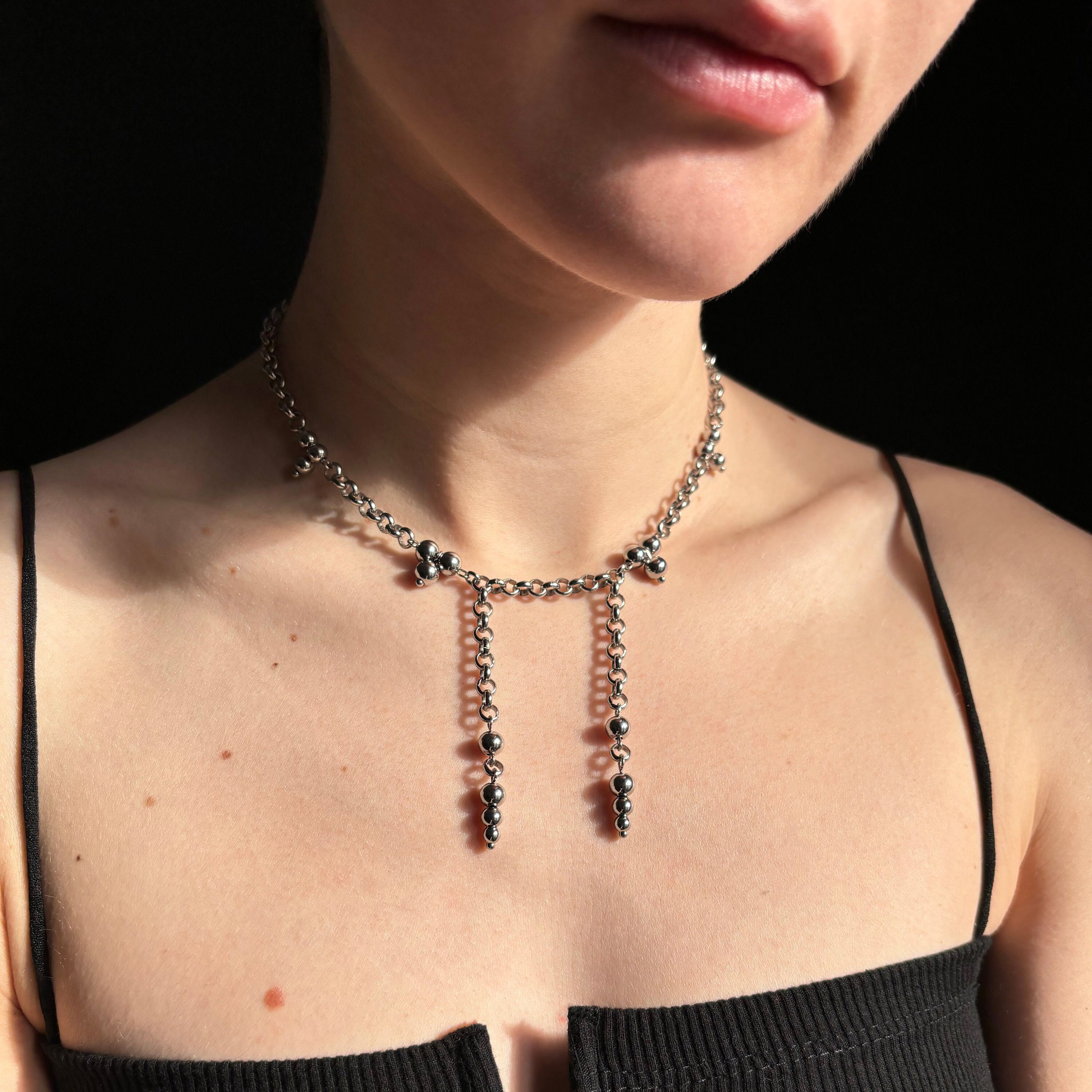 Stainless Steel Necklace Choker with Double Drop Chains – Unisex Grunge Jewelry — handmade Necklace by TVOR Jewelry — photo 3 of 5