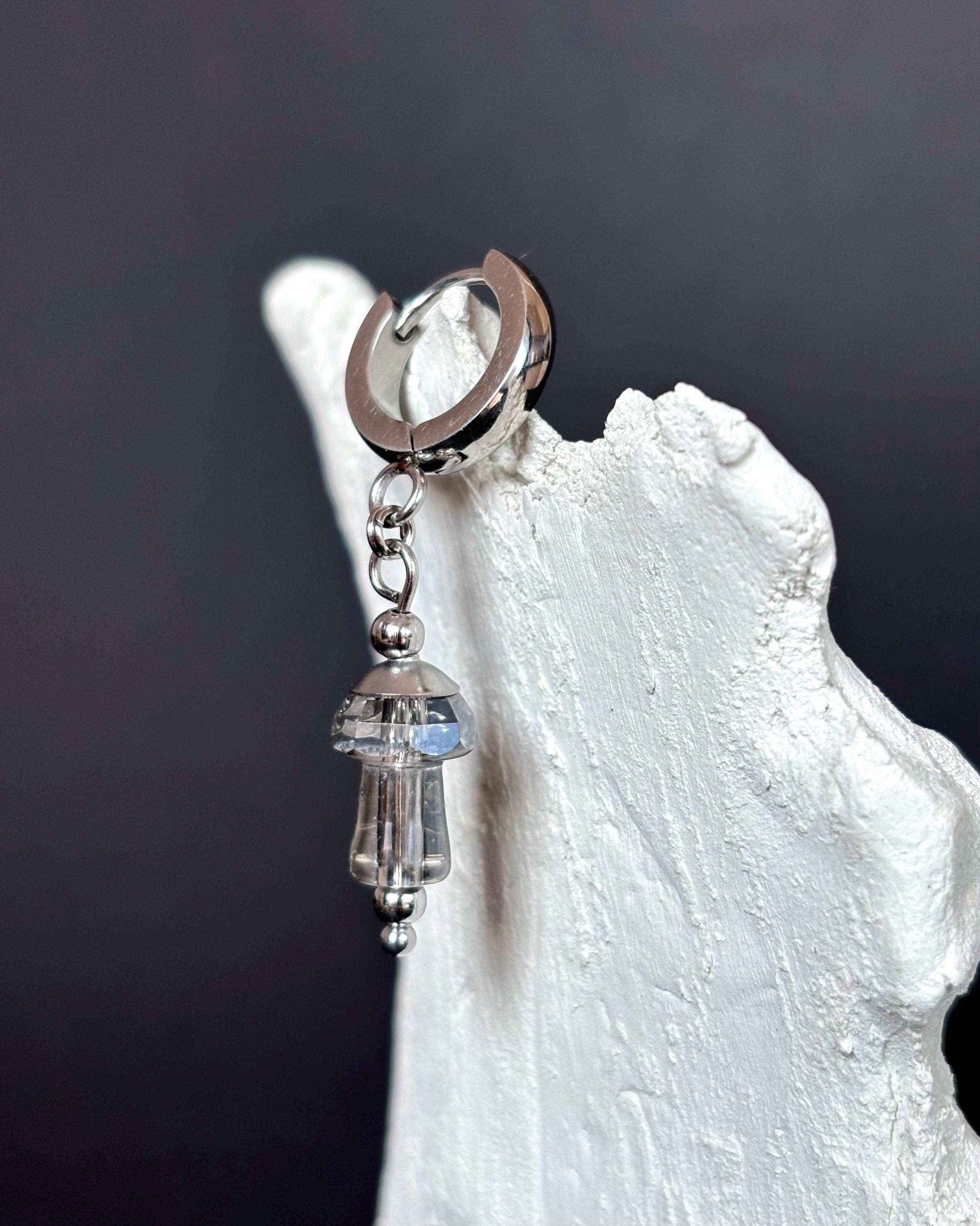 Single Mushroom Earring. Smoky Glass Mushroom and Stainless Steel. Fantasy Jewelry with a Magic Mushroom — handmade Earrings by TVOR Jewelry — photo 2 of 4