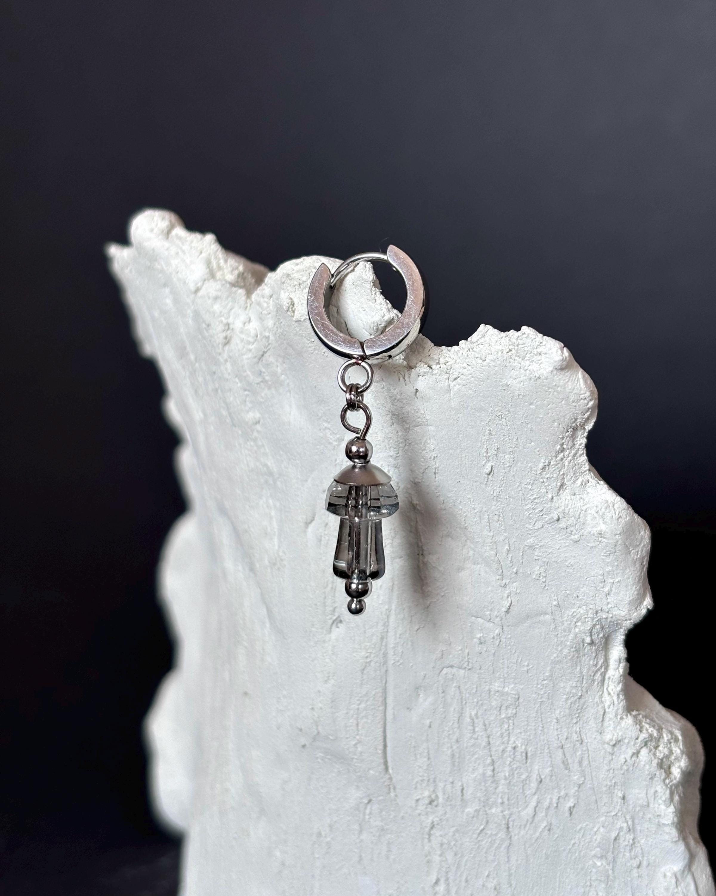 Single Mushroom Earring. Smoky Glass Mushroom and Stainless Steel. Fantasy Jewelry with a Magic Mushroom — handmade Earrings by TVOR Jewelry — photo 3 of 4